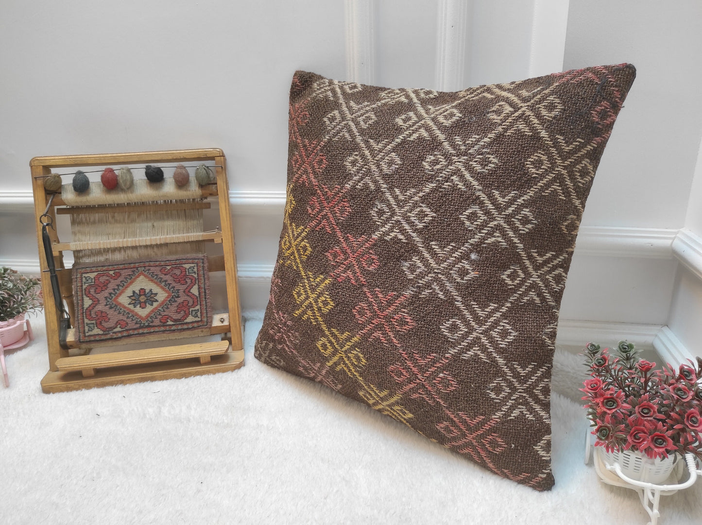 Handmade Kilim Pillow Cover: Upcycled Woven Rug, Bohemian Decor (20x20 in)