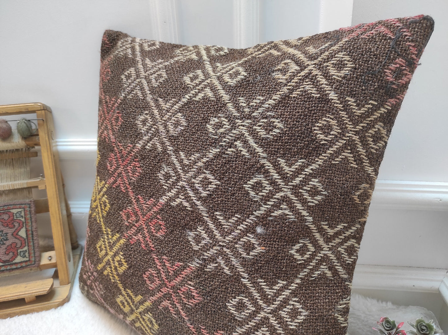 Handmade Kilim Pillow Cover: Upcycled Woven Rug, Bohemian Decor (20x20 in)
