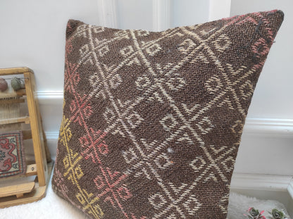Handmade Kilim Pillow Cover: Upcycled Woven Rug, Bohemian Decor (20x20 in)