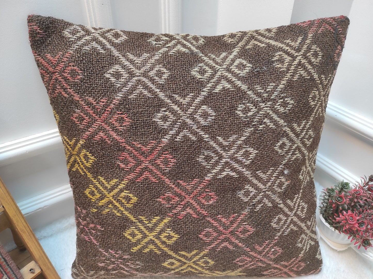 Handmade Kilim Pillow Cover: Upcycled Woven Rug, Bohemian Decor (20x20 in)