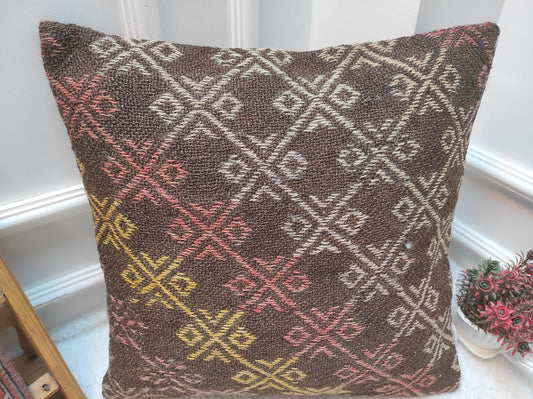 Handmade Kilim Pillow Cover: Upcycled Woven Rug, Bohemian Decor (20x20 in)
