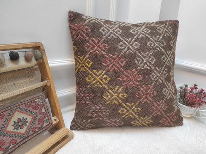 Handmade Kilim Pillow Cover: Upcycled Woven Rug, Bohemian Decor (20x20 in)