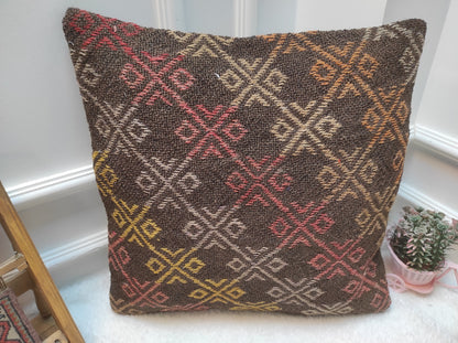 Handwoven Kilim Pillow Cover: Upcycled Rug, Ethnic Design (20x20 in)
