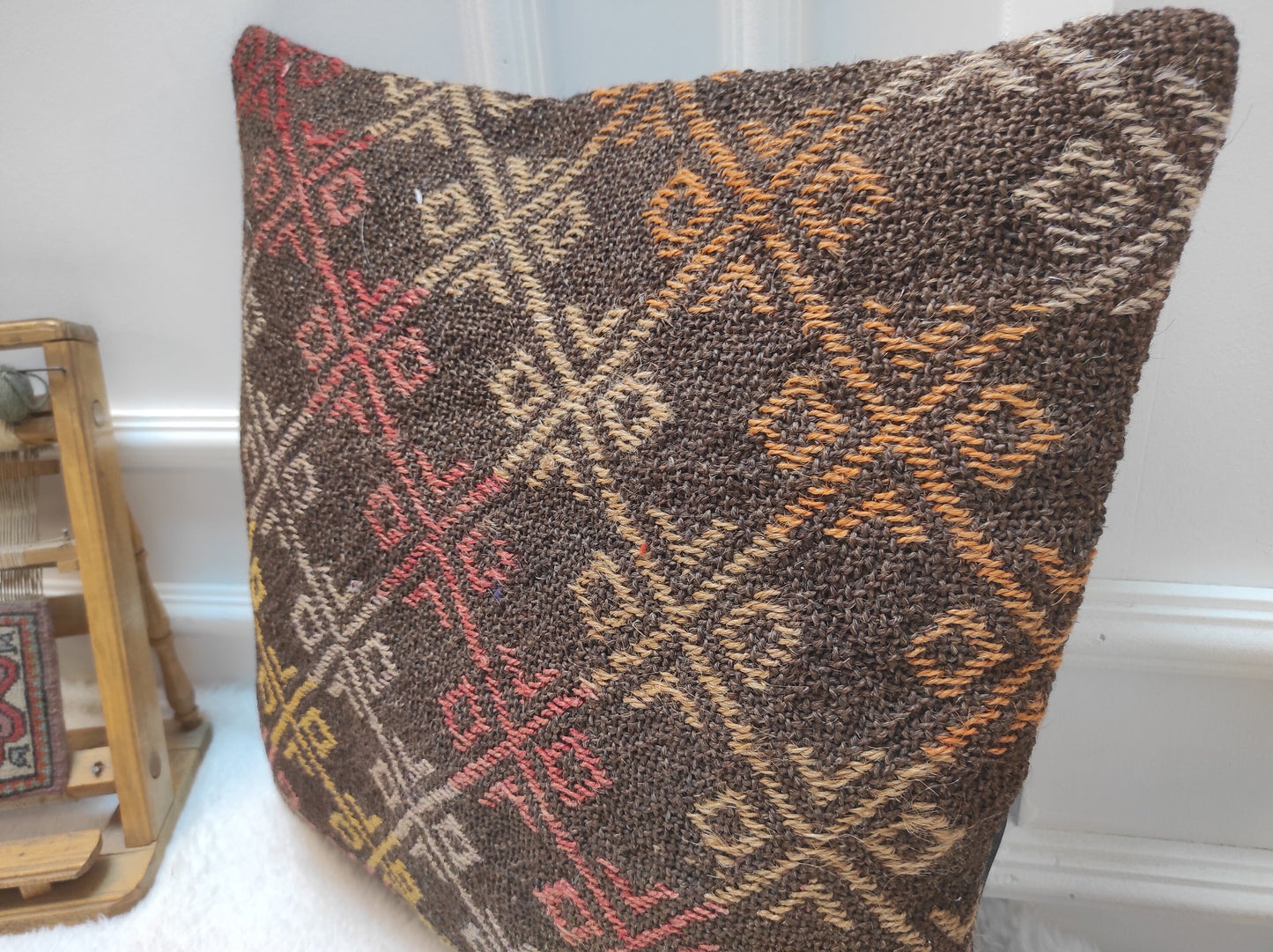 Handwoven Kilim Pillow Cover: Upcycled Rug, Ethnic Design (20x20 in)