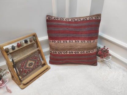 Handmade Kilim Pillow Cover: Upcycled Woven Rug, Red, 20x20