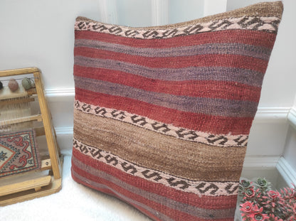 Handmade Kilim Pillow Cover: Upcycled Woven Rug, Red, 20x20