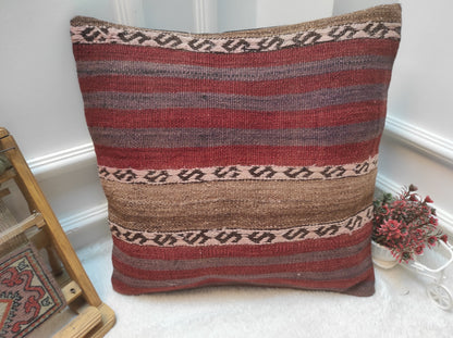 Handmade Kilim Pillow Cover: Upcycled Woven Rug, Red, 20x20