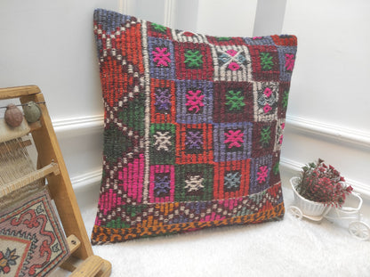 Handmade Kilim Pillow Cover: Upcycled Woven Rug, 20x20 inches