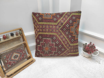 Handmade Kilim Pillow Cover: Upcycled Woven Rug, Bohemian Decor (50x50 cm)