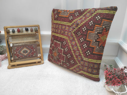 Handmade Kilim Pillow Cover: Upcycled Woven Rug, Bohemian Decor (50x50 cm)