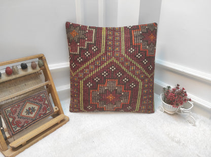 Handmade Kilim Pillow Cover: Upcycled Woven Rug, 20x20 inch