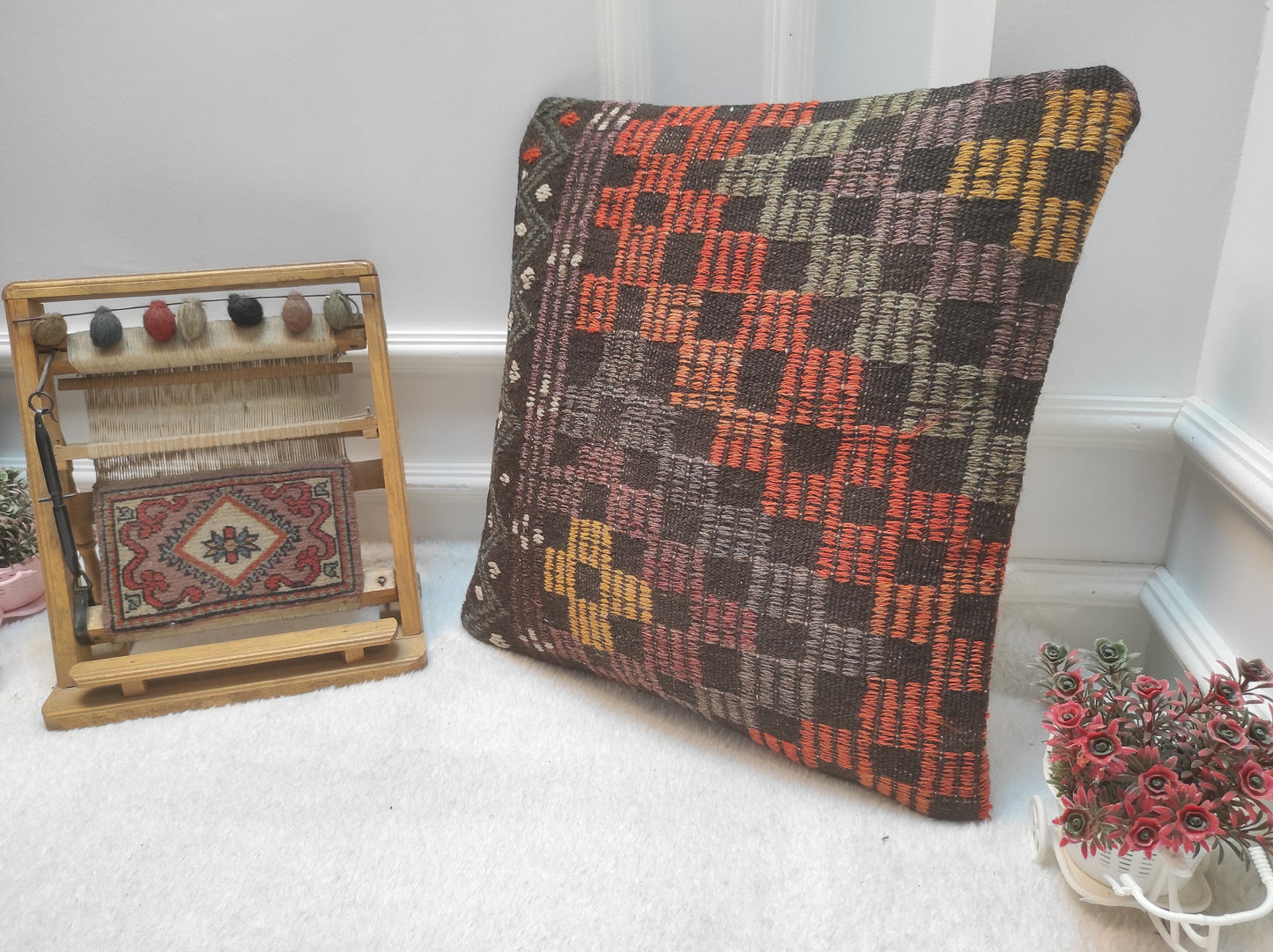 Handmade Kilim Pillow Cover: Upcycled Woven Rug, 20x20 in