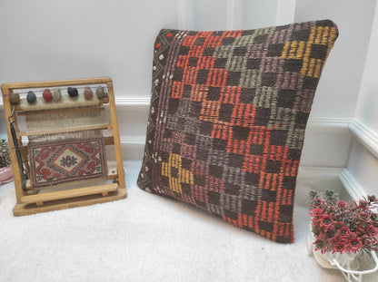 Handmade Kilim Pillow Cover: Upcycled Woven Rug, 20x20 in