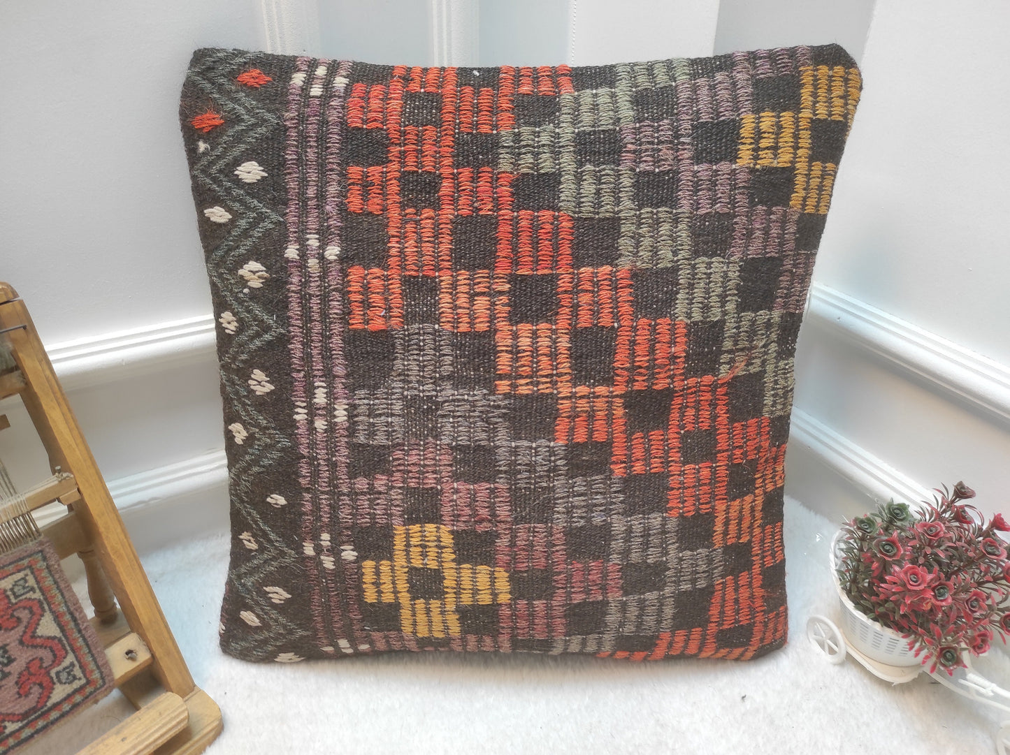 Handmade Kilim Pillow Cover: Upcycled Woven Rug, 20x20 in