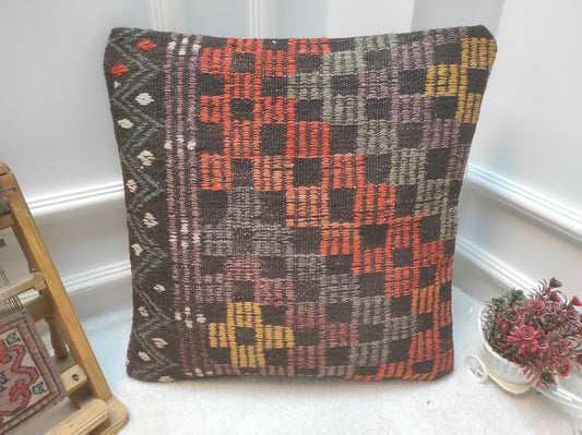 Handmade Kilim Pillow Cover: Upcycled Woven Rug, 20x20 in