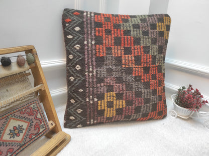 Handmade Kilim Pillow Cover: Upcycled Woven Rug, 20x20 in