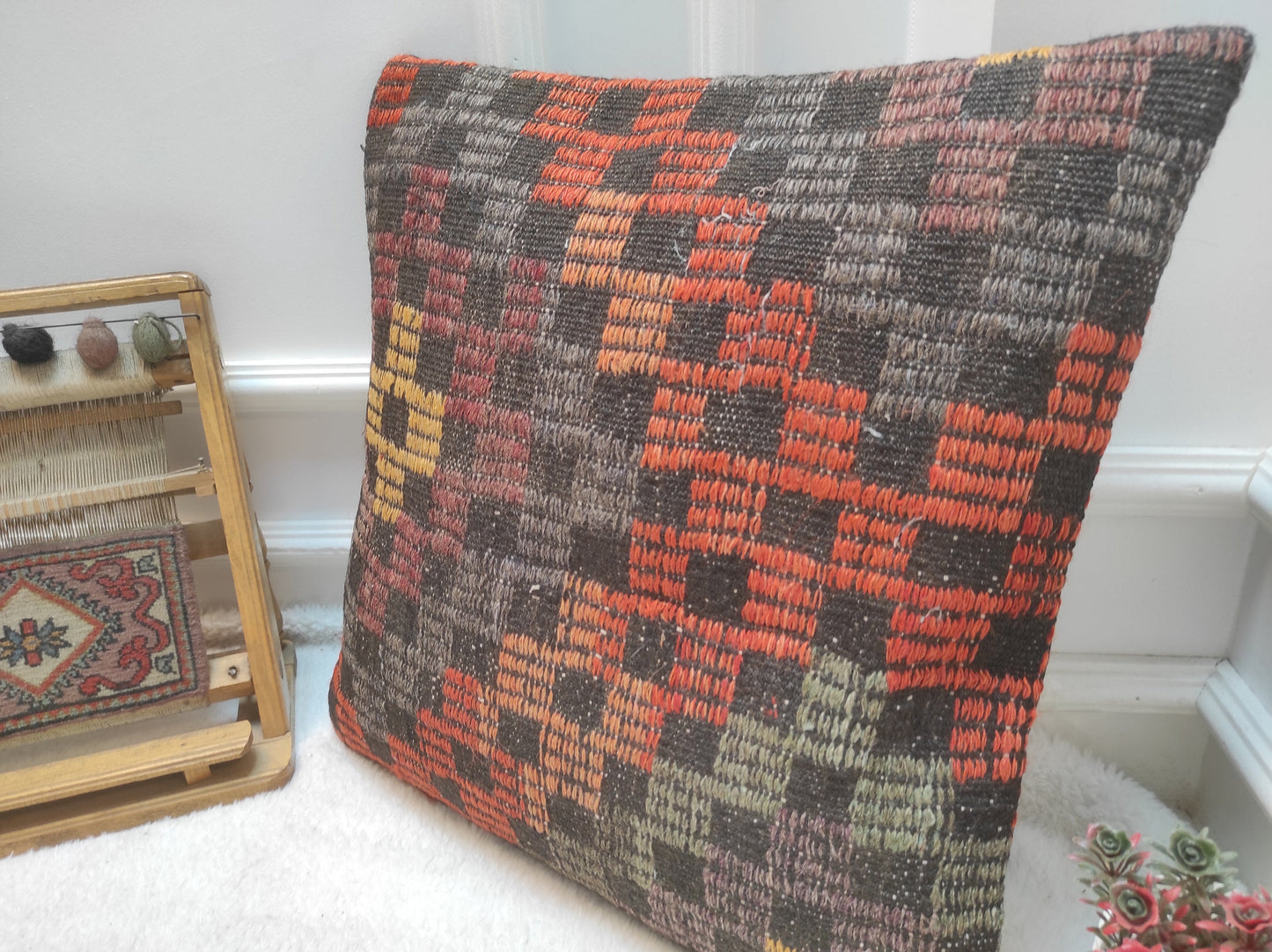 Handmade Kilim Pillow Cover: Upcycled Woven Rug, 20x20