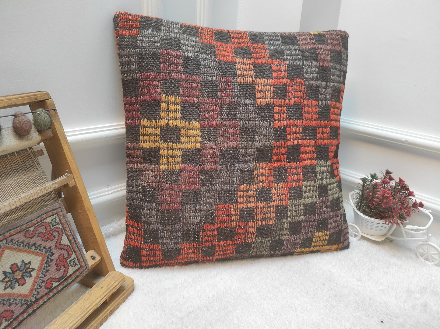 Handmade Kilim Pillow Cover: Upcycled Woven Rug, 20x20