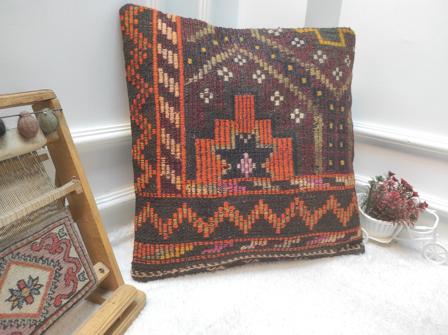Handmade Kilim Pillow Cover: Upcycled Anatolian Rug, 20x20