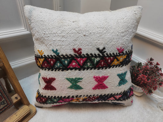 Handmade Kilim Pillow Cover: White Anatolian Woven Rug, 16x16 Inch
