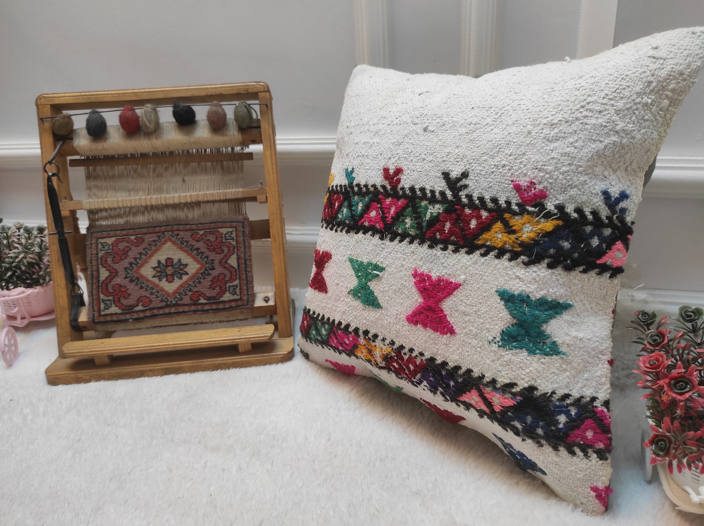 Handmade Kilim Pillow Cover: White Anatolian Woven Rug, 16x16 Inch