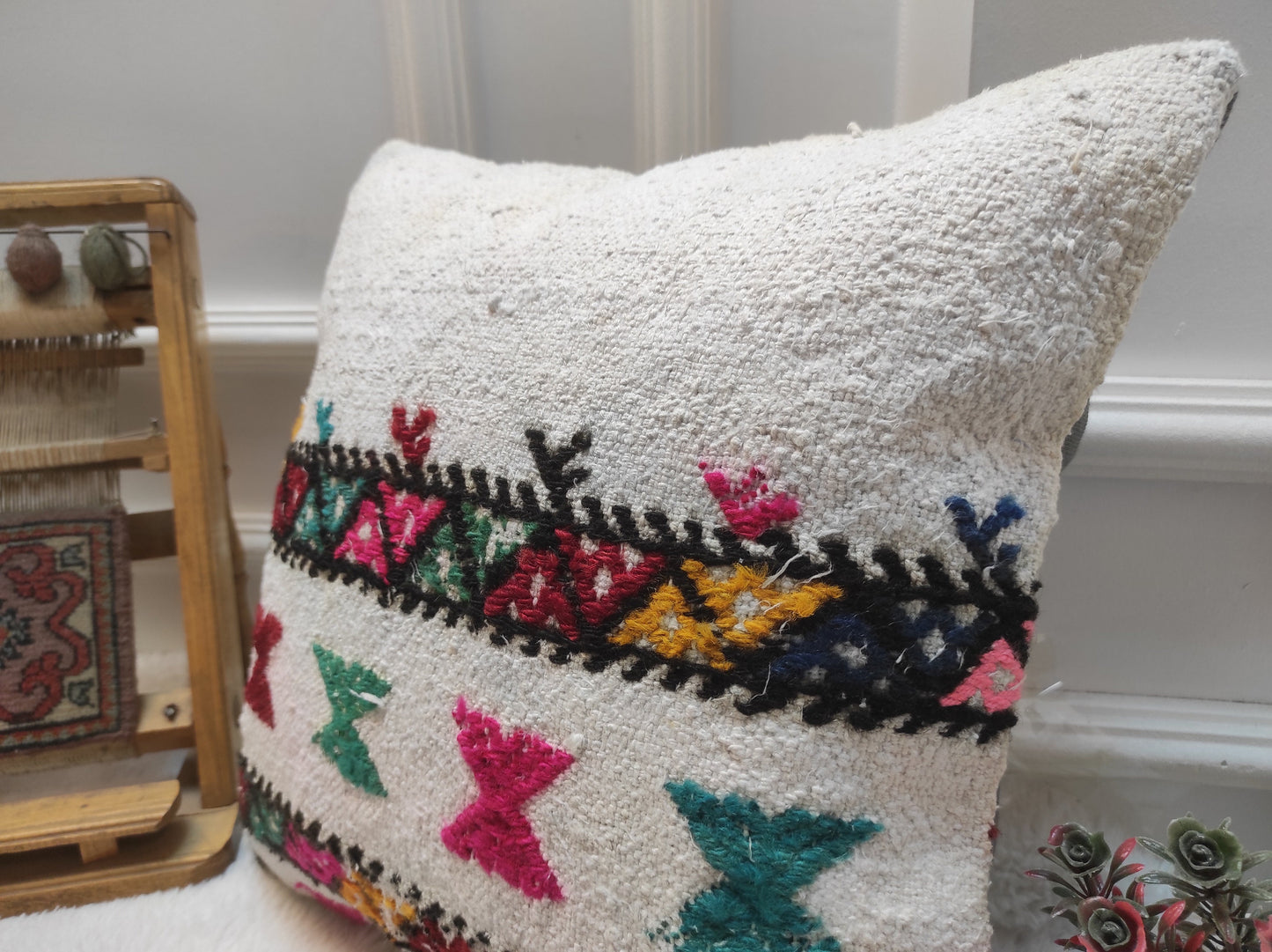 Handmade Kilim Pillow Cover: White Anatolian Woven Rug, 16x16 Inch