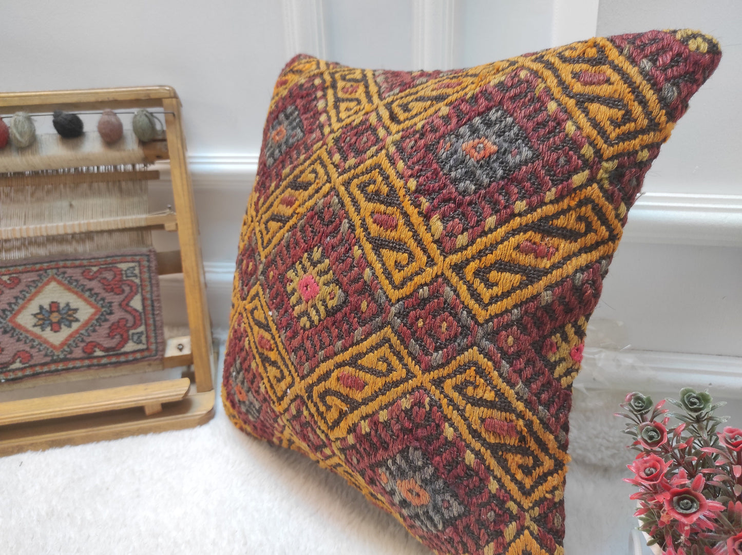 Handmade Kilim Pillow Cover: Bohemian Woven Rug Pillow (16X16 inc.)