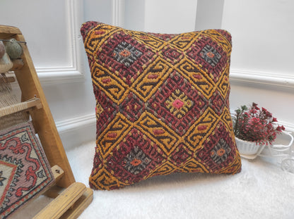 Handmade Kilim Pillow Cover: Bohemian Woven Rug Pillow (16X16 inc.)