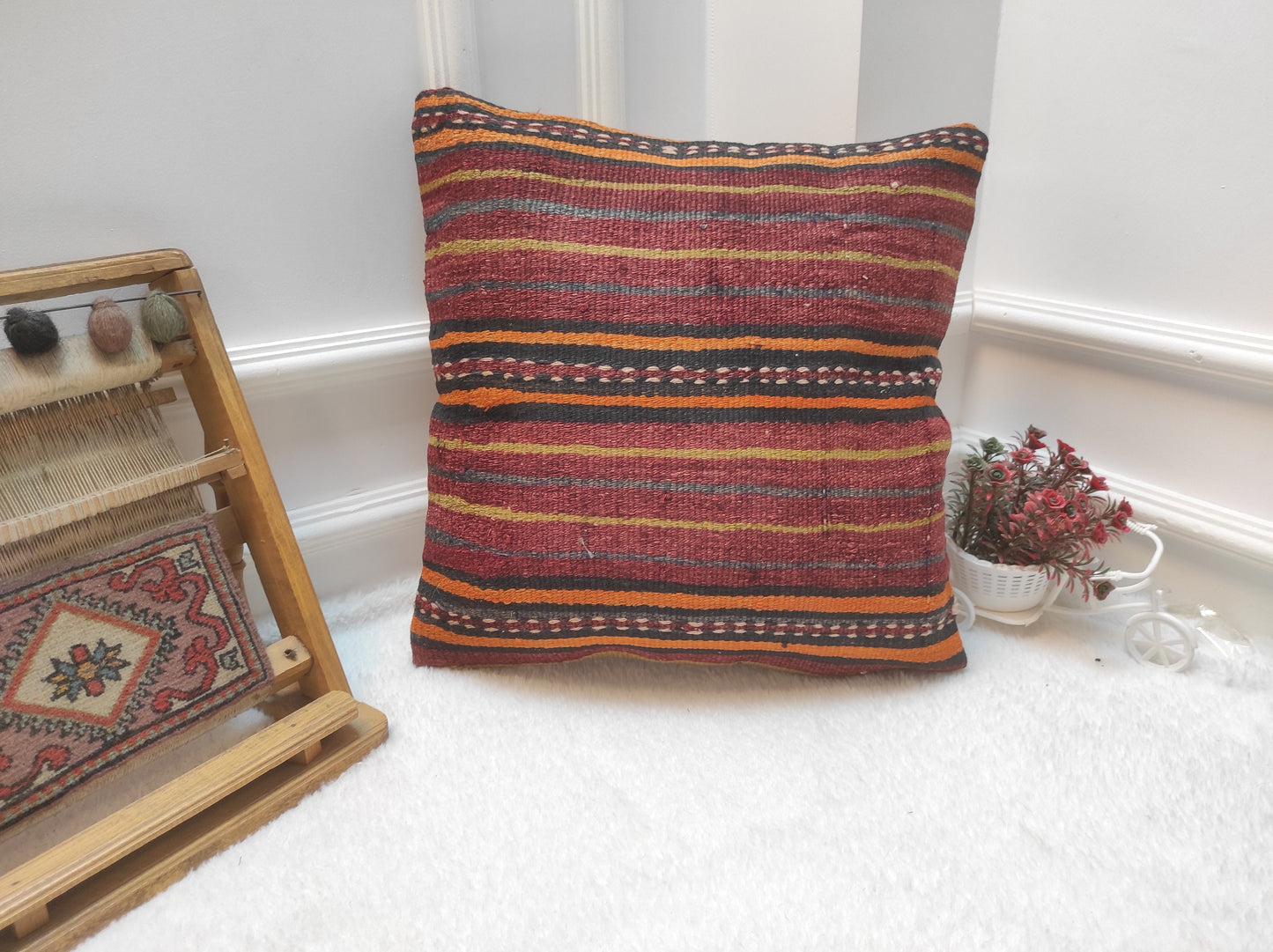 Handmade Red Kilim Pillow Cover: Bohemian Woven Rug Pillow (18x18 inc)