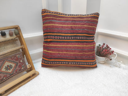 Handmade Red Kilim Pillow Cover: Bohemian Woven Rug Pillow (18x18 inc)