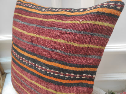 Handmade Red Kilim Pillow Cover: Bohemian Woven Rug Pillow (18x18 inc)