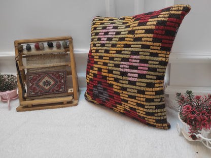 Handmade Kilim Pillow Cover: Upcycled Woven Rug, Bohemian Decor (18x18 inc, 45x45 cm)