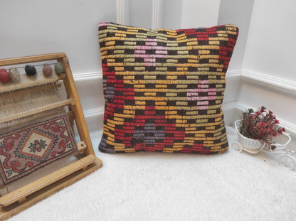 Handmade Kilim Pillow Cover: Upcycled Woven Rug, Bohemian Decor (18x18 inc, 45x45 cm)