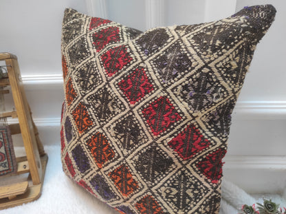 Handwoven Kilim Pillow Cover: Upcycled Anatolian Rug, 18x18 inc