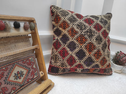 Handwoven Kilim Pillow Cover: Upcycled Anatolian Rug, 18x18 inc