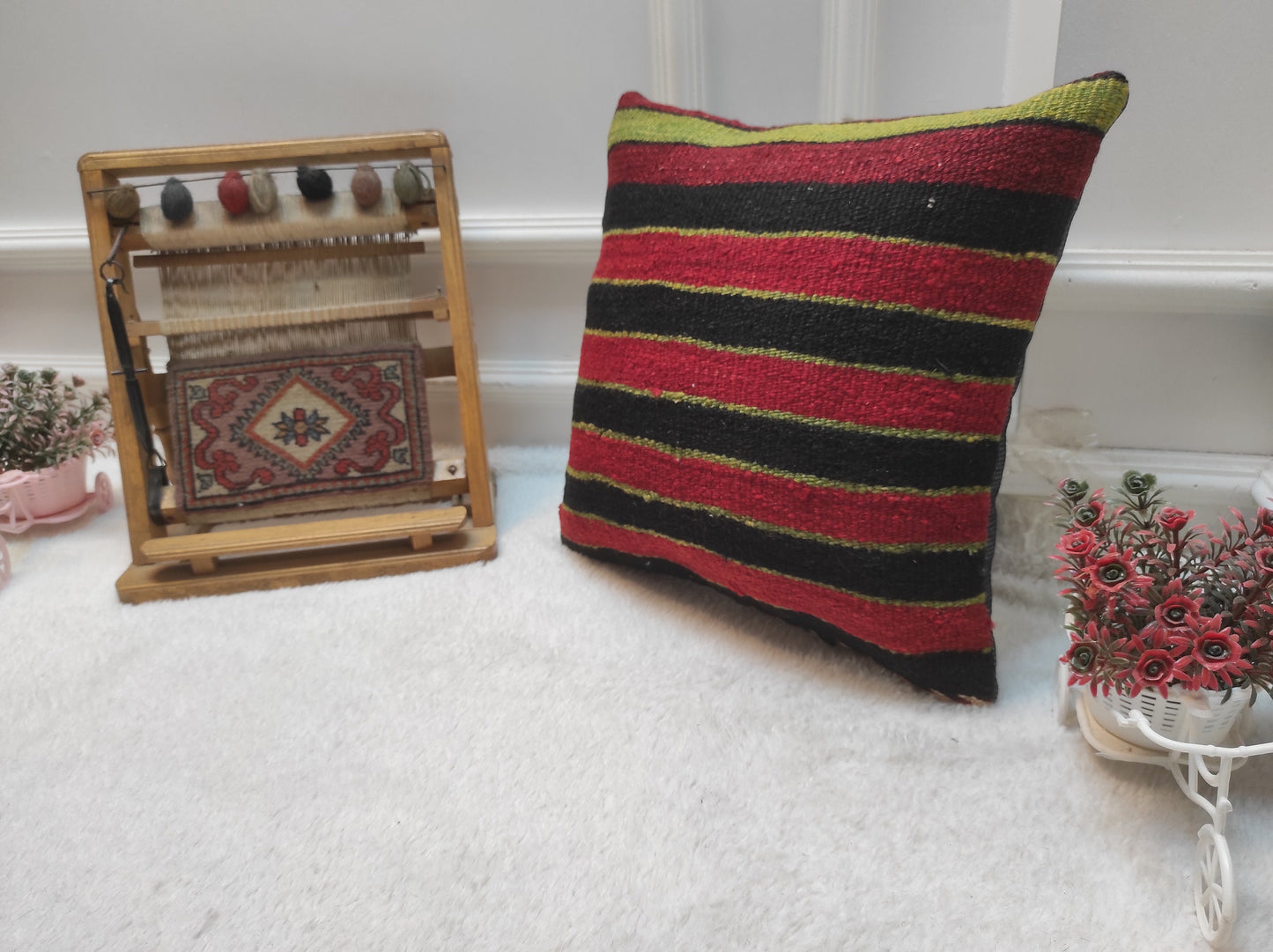 Handmade Kilim Pillow Cover: Upcycled Woven Rug, Red & Black (16x16 inch)