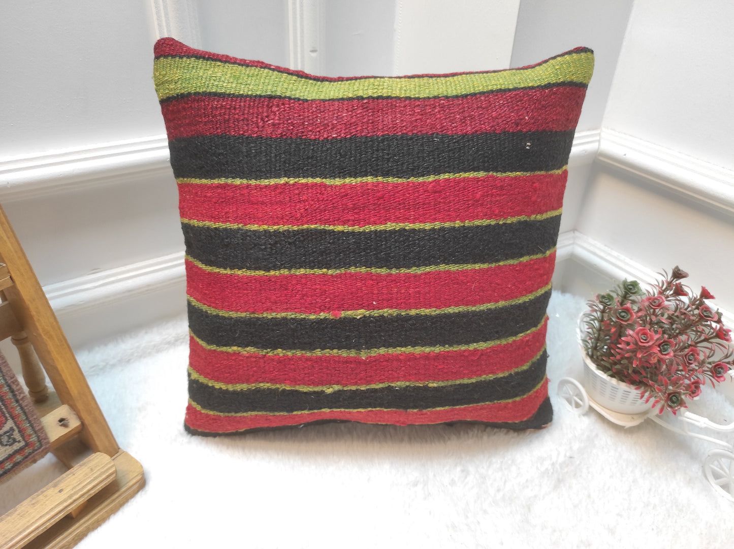 Handmade Kilim Pillow Cover: Upcycled Woven Rug, Red & Black (16x16 inch)