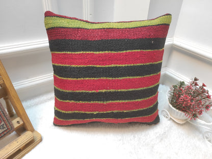Handmade Kilim Pillow Cover: Upcycled Woven Rug, Red & Black (16x16 inch)