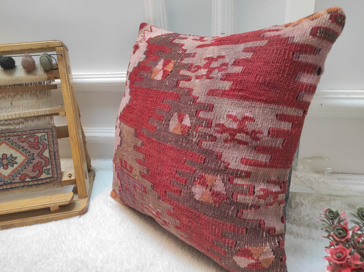 Handwoven Kilim Pillow Cover: Upcycled Tribal Rug, 16x16