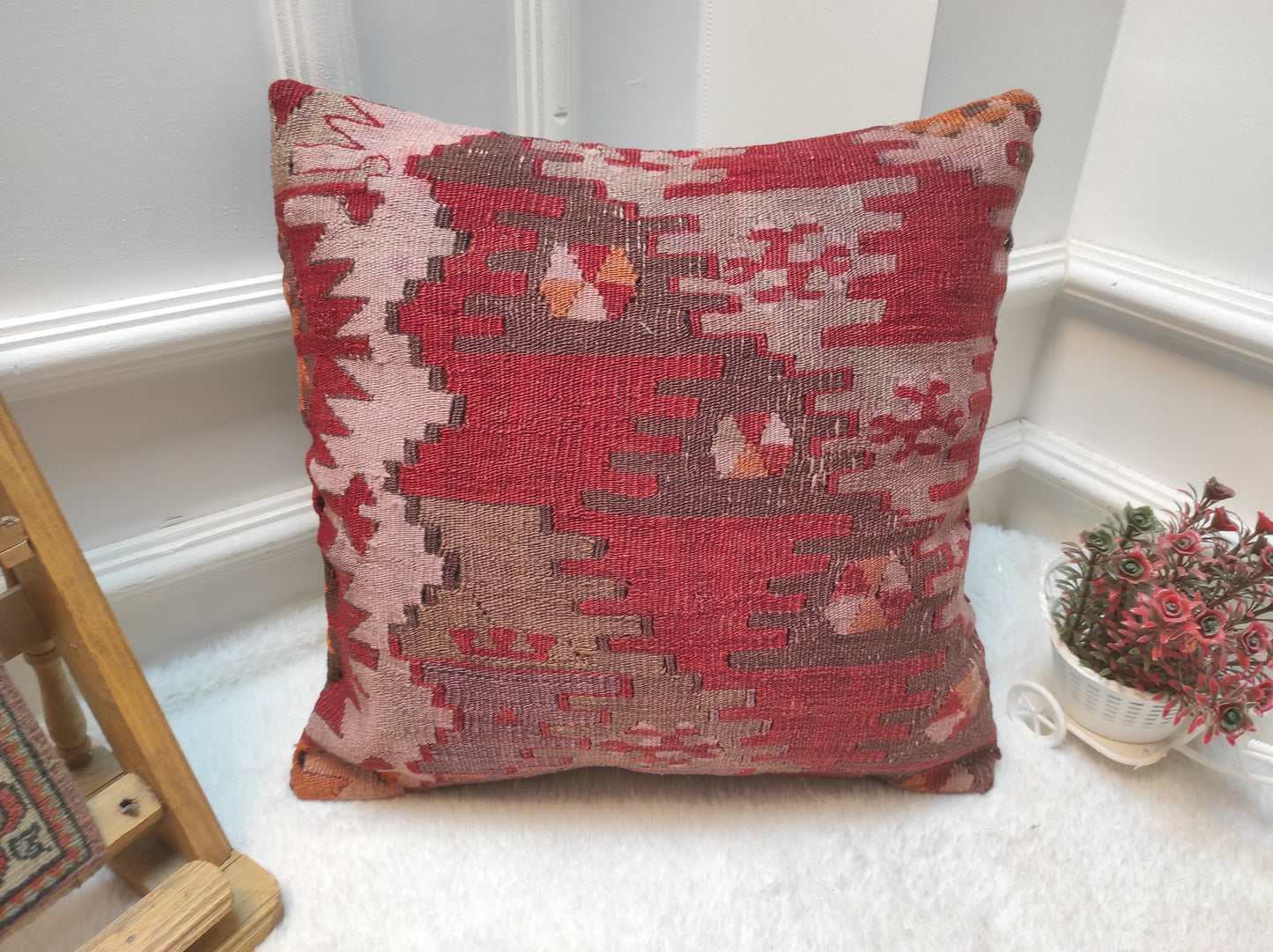 Handwoven Kilim Pillow Cover: Upcycled Tribal Rug, 16x16