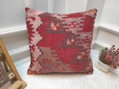Handwoven Kilim Pillow Cover: Upcycled Tribal Rug, 16x16