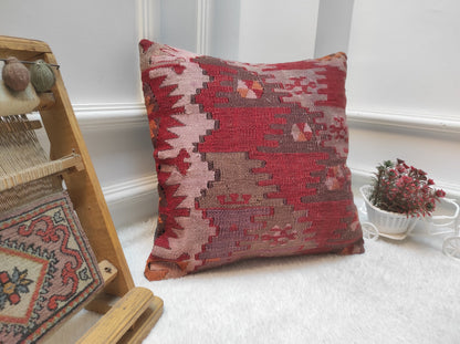Handwoven Kilim Pillow Cover: Upcycled Tribal Rug, 16x16