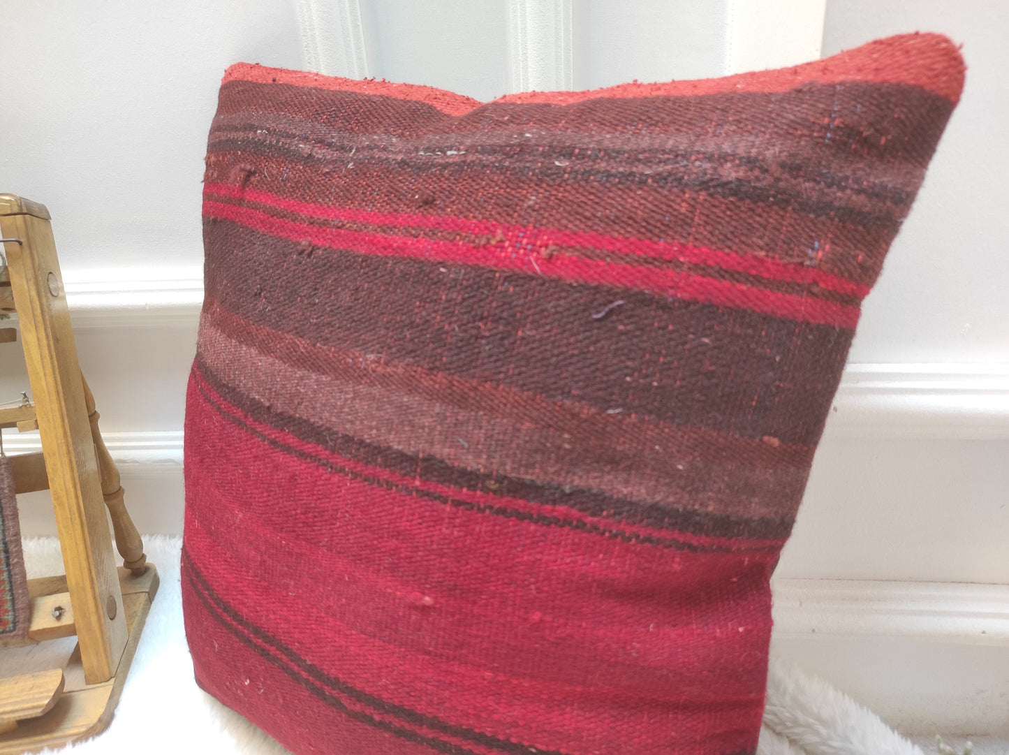 Handmade Kilim Pillow Cover: Upcycled Woven Rug, Red Ethnic Pillow (45x45 cm)