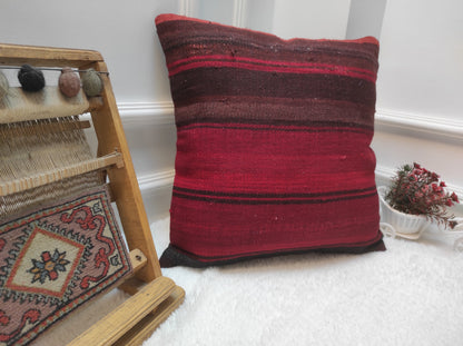 Handmade Kilim Pillow Cover: Upcycled Woven Rug, Red Ethnic Pillow (45x45 cm)