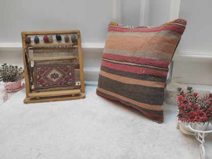 Handmade Kilim Pillow Cover: Upcycled Woven Rug, Bohemian Decor (16x16 cm)