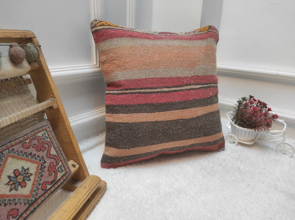 Handmade Kilim Pillow Cover: Upcycled Woven Rug, Bohemian Decor (16x16 cm)