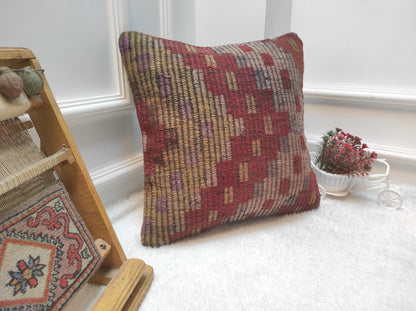 Handmade Kilim Pillow Cover: Vintage Woven Wool, 16x16 Inch