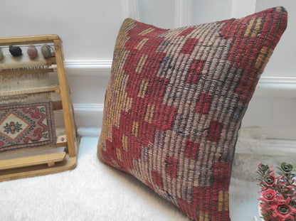 Handmade Kilim Pillow Cover: Vintage Woven Wool, 16x16 Inch