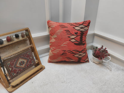 Handmade Red Kilim Pillow Cover: Turkish Woven Rug, 16x16 Inc