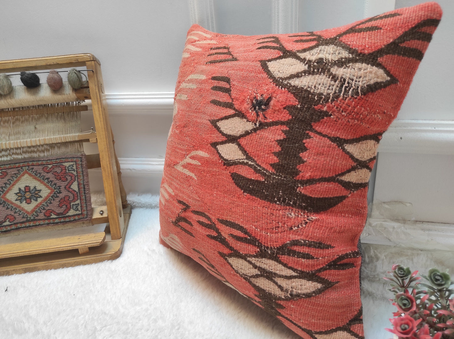 Handmade Red Kilim Pillow Cover: Turkish Woven Rug, 16x16 Inc